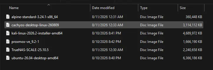 The Ventoy data partition in File Explorer containing Alpine, CachyOS, Kali, Proxmox, TrueNAS Scale and Ubuntu ISO files