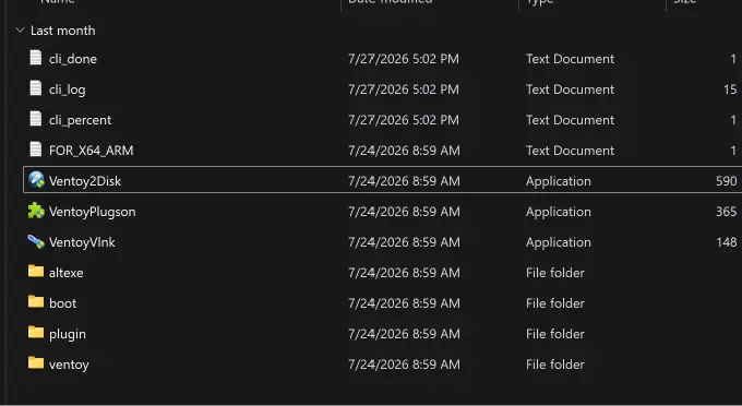 The extracted Ventoy folder in File Explorer with Ventoy2Disk.exe selected
