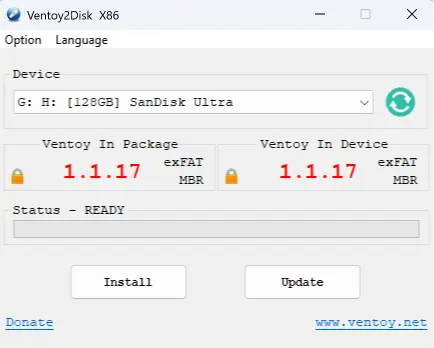 The Ventoy2Disk window showing the selected USB device, the packaged and installed Ventoy versions, and the Install and Update buttons