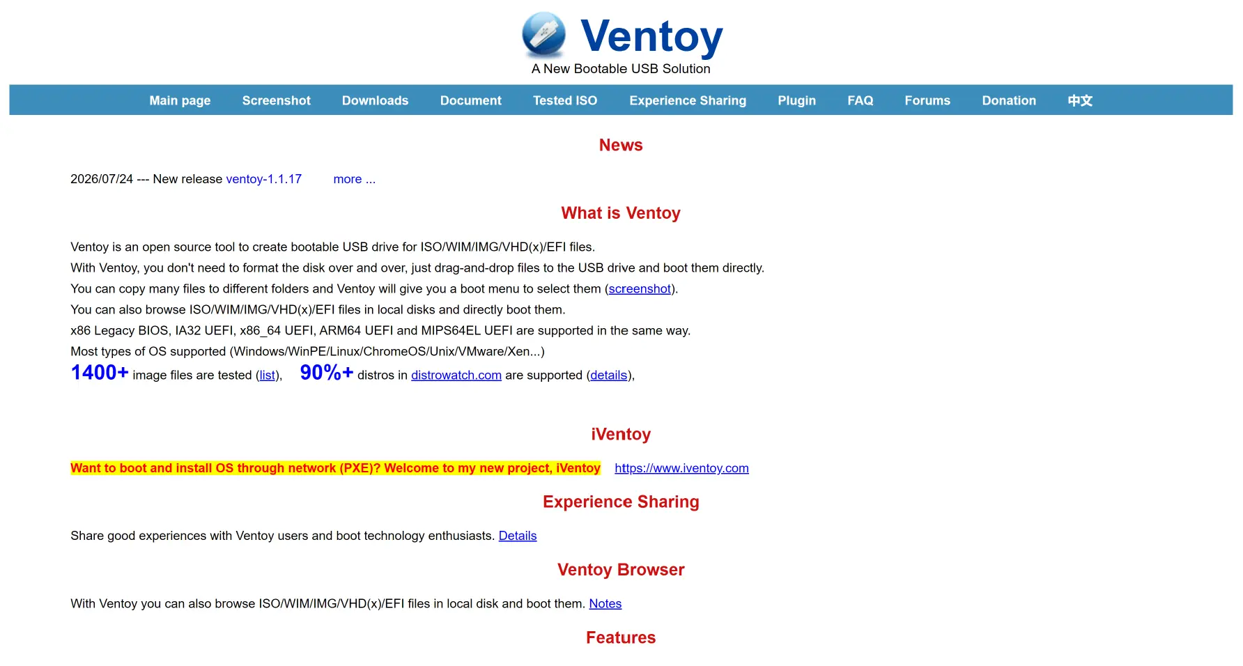 The ventoy.net home page showing the latest release announcement and navigation to the Downloads page
